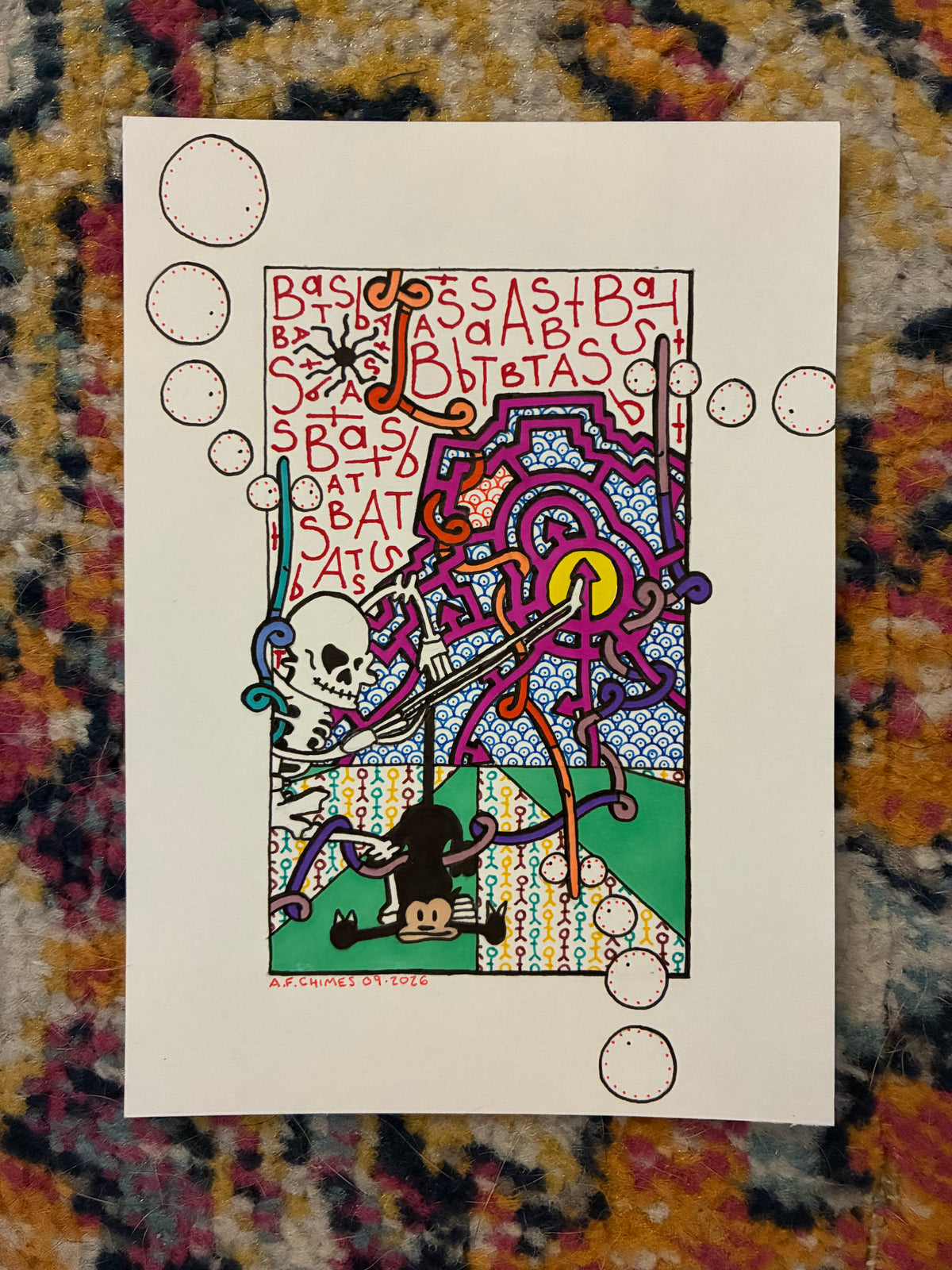 Skeleton Plays Cat (5x7) - Hand Drawn