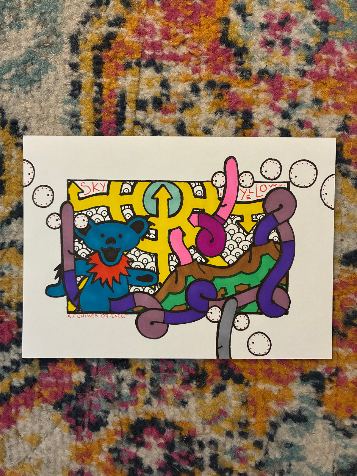Hippie Bear (5x7) - Hand Drawn