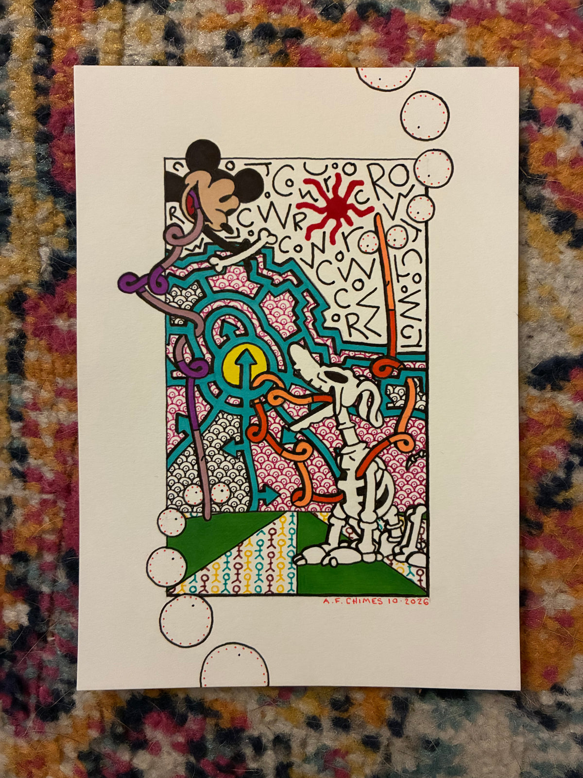 Steamboat Willie and Dog Skeleton (5x7) - Hand Drawn
