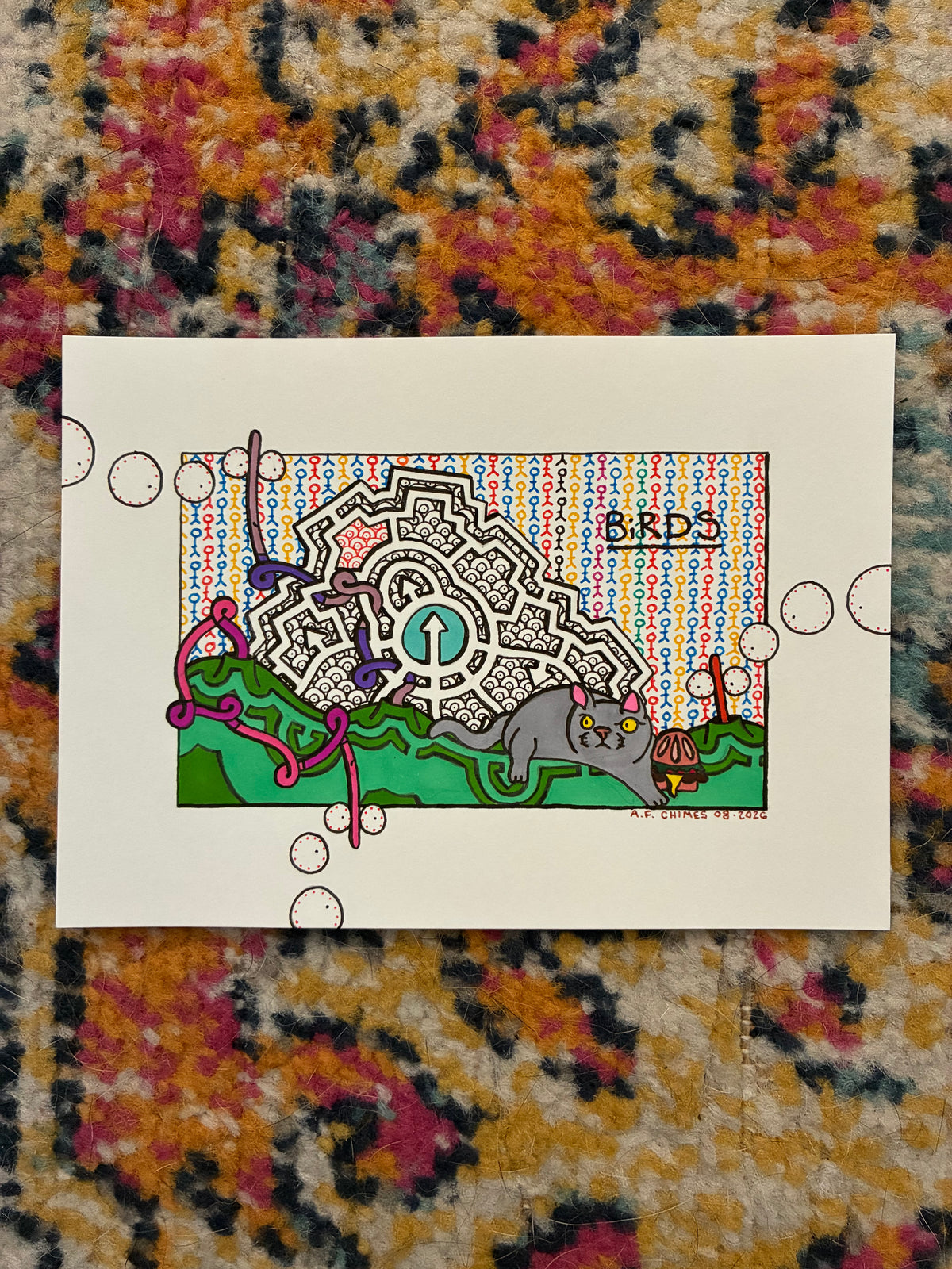 Cat Guards Cheeseburger (5x7) - Hand Drawn
