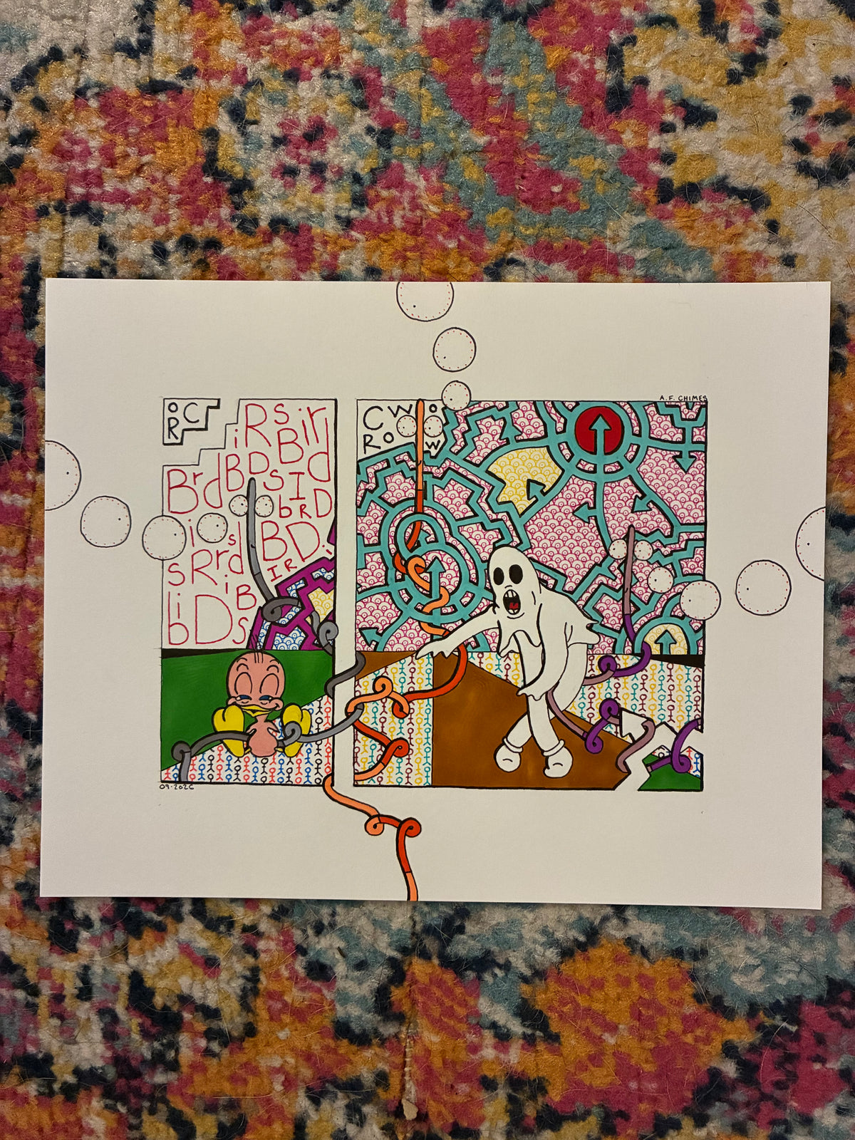 Clown Ghost and Orson (5x7) - Hand Drawn