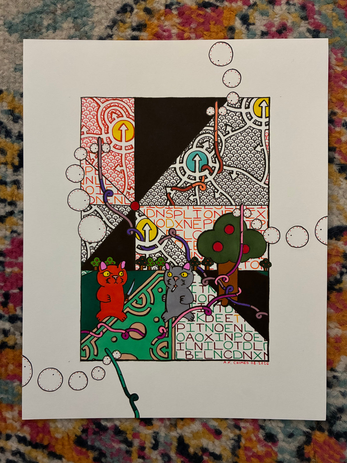 Two Cats Beefin' (8x10) - Hand Drawn