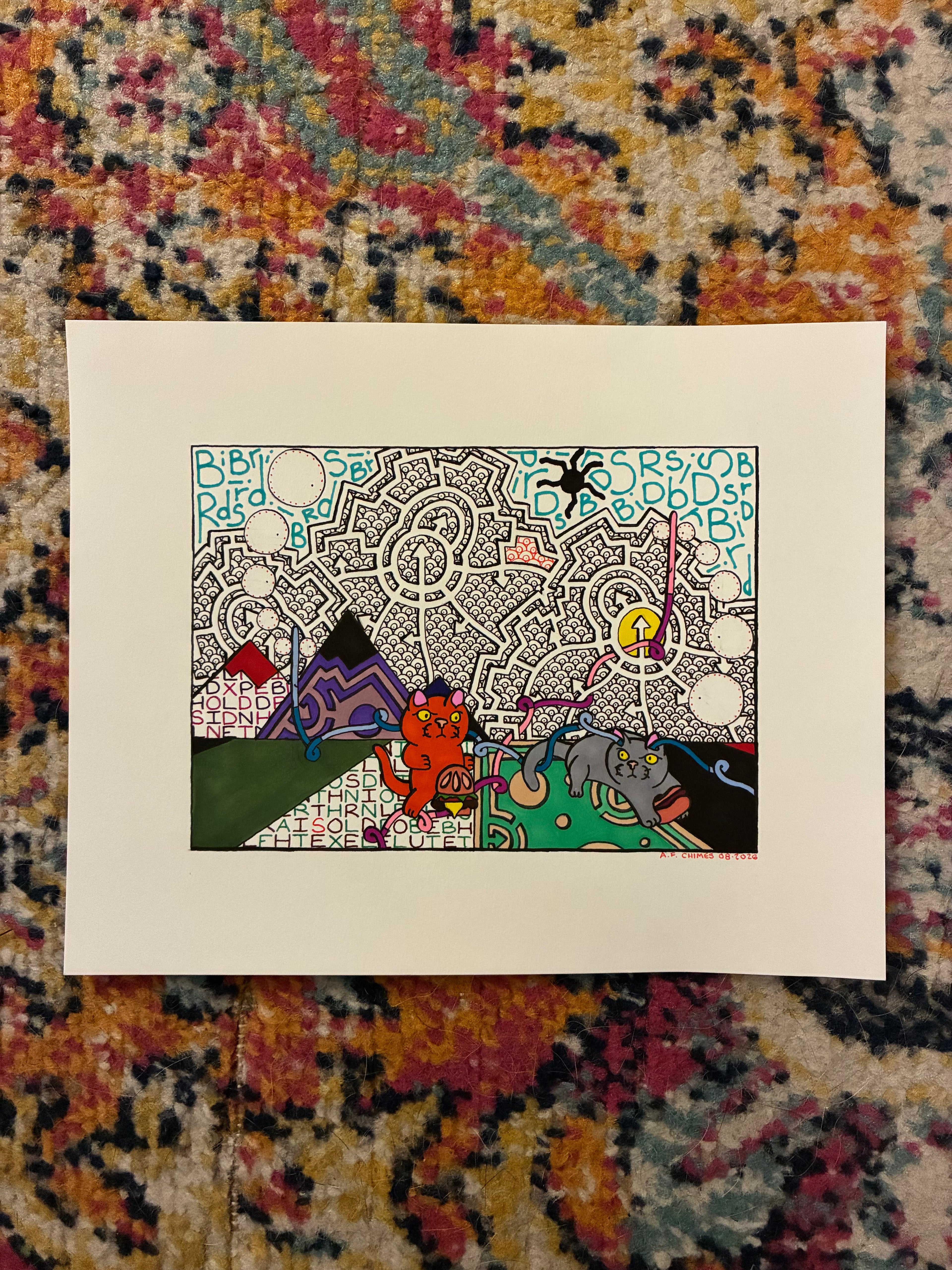 Two Cats Defending Food Art (8x10) - Hand Drawn
