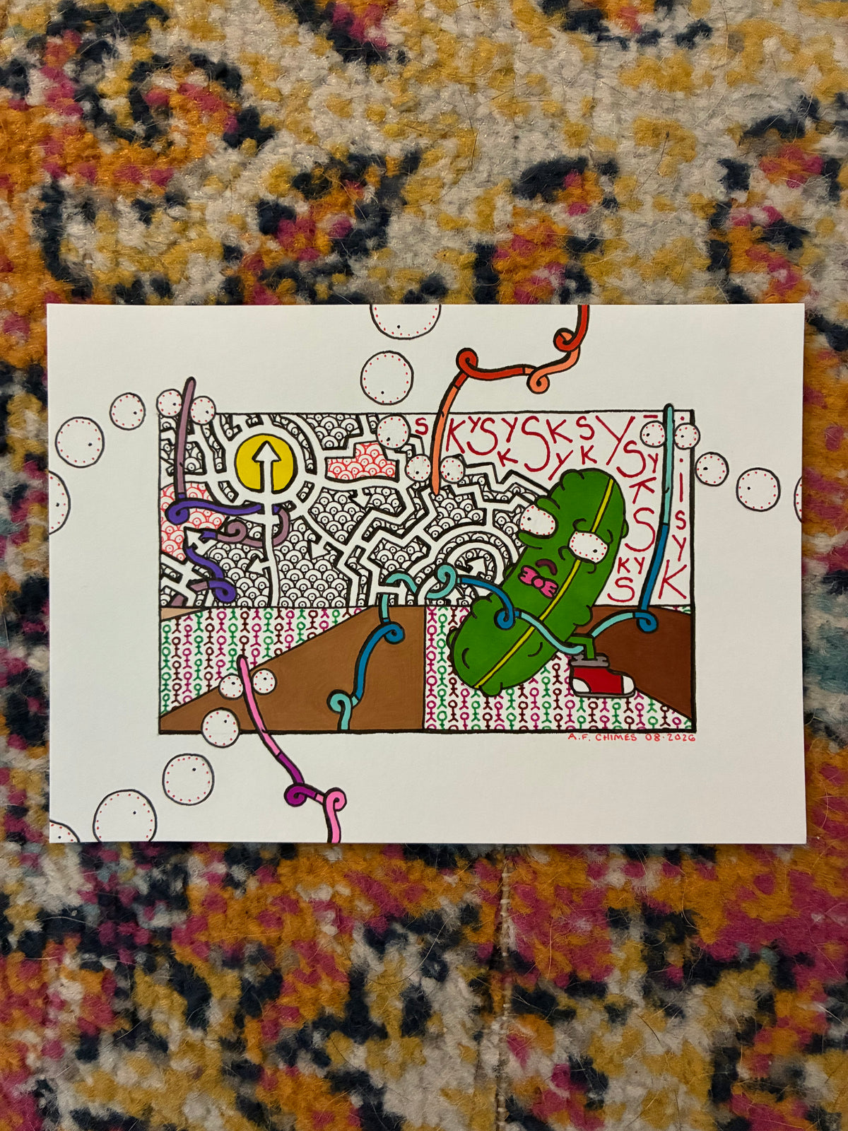 Annoyed Pickle with One Leg (5x7) - Hand Drawn