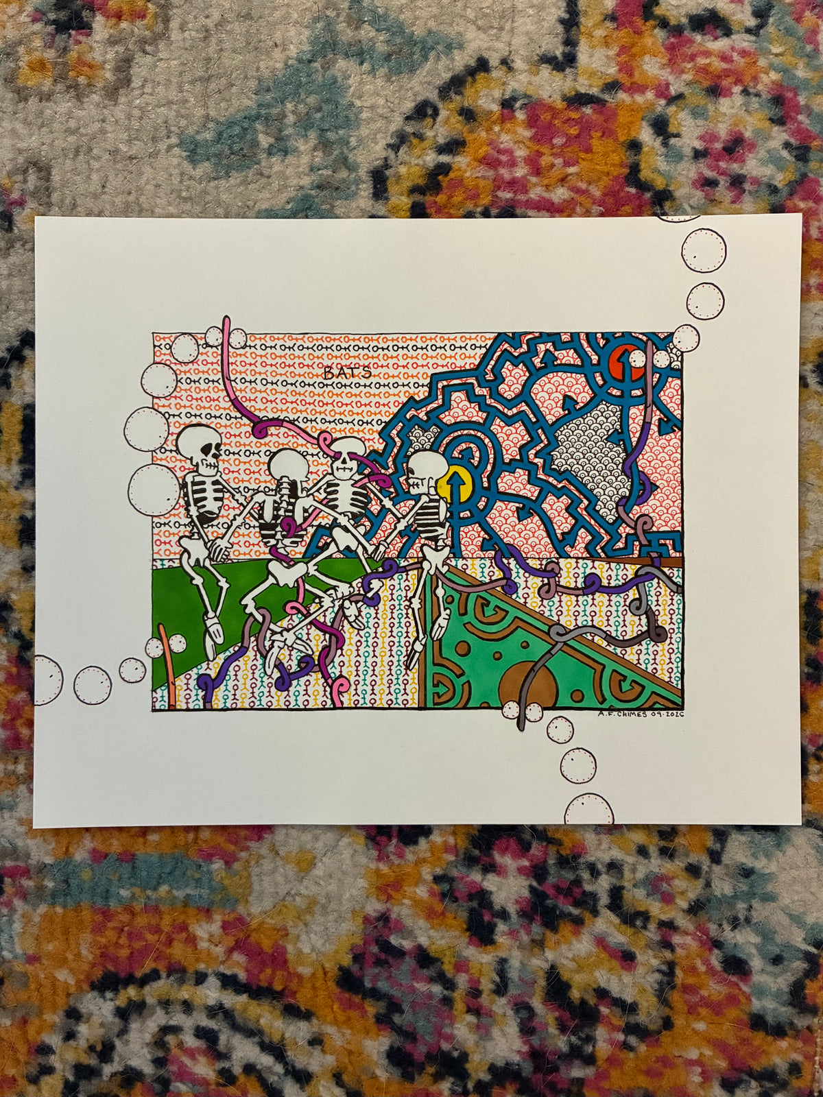 Trippy Skeleton Dance (8x10) - Hand Drawn
